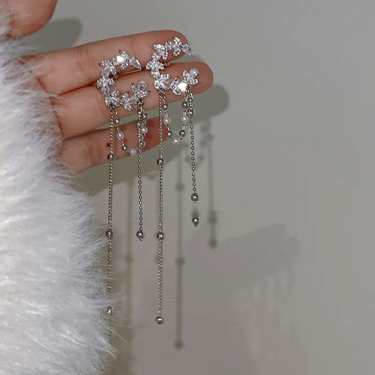 Lizakosht Korea Fashion Pearl and Zirconia Moon Tassel Clip Earrings for Women Luxury Ear Cuff Jewelry