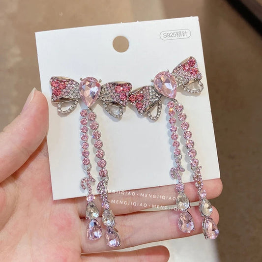 Korean Luxury Elegant Pink Crystal Bowknot Drop Earrings for Women and Girls Fashion Rhinestone Long Jewelry