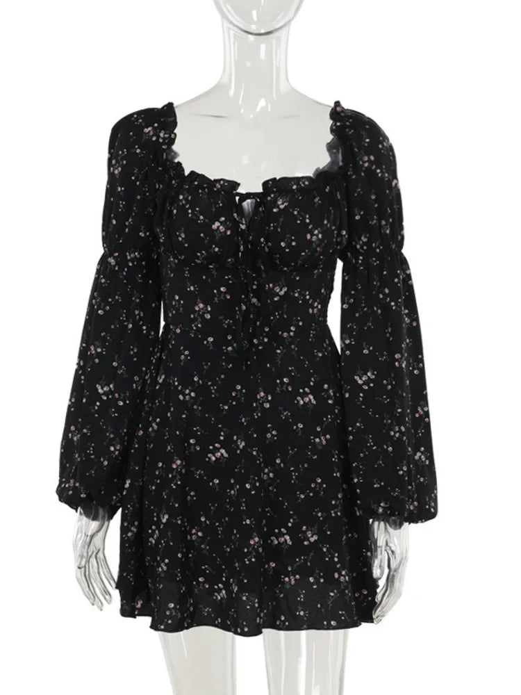 Long Puff Sleeve Floral Dress Wmen Autumn Winter Square Collar Backless Dress Female Fashion Elegant Dresses New