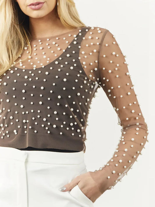 Pearl Mesh See Through T-shirt Long Sleeve Pullover Ladies Summer U Neck Sexy Tee Shirt Tops Blouse
