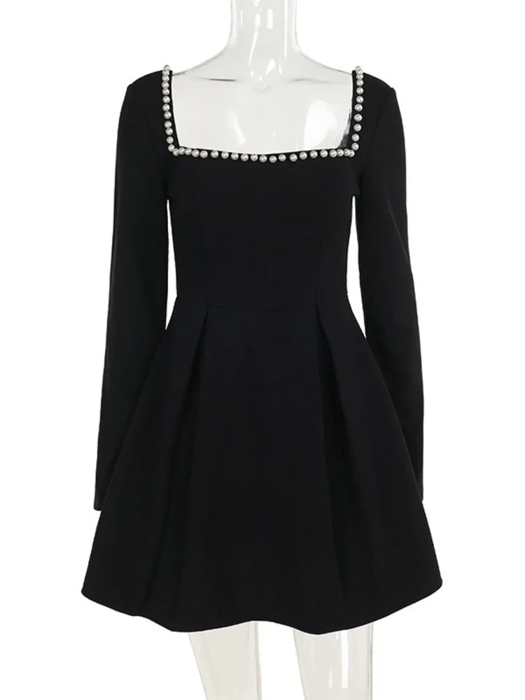 Pearl Square Collar Long Sleeve Mini Dress For Women Robe Backless A-line Dress Ladies Autumn Fall Elegant Dresses