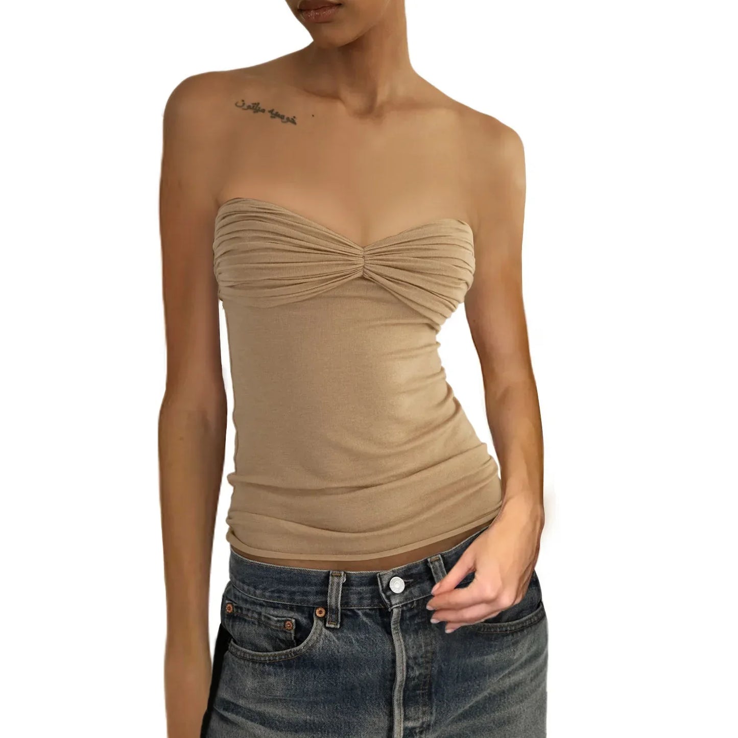 See Through Mesh Strapless Bustier Off-shoulder Sleeveless Knit Cropped Cami Top