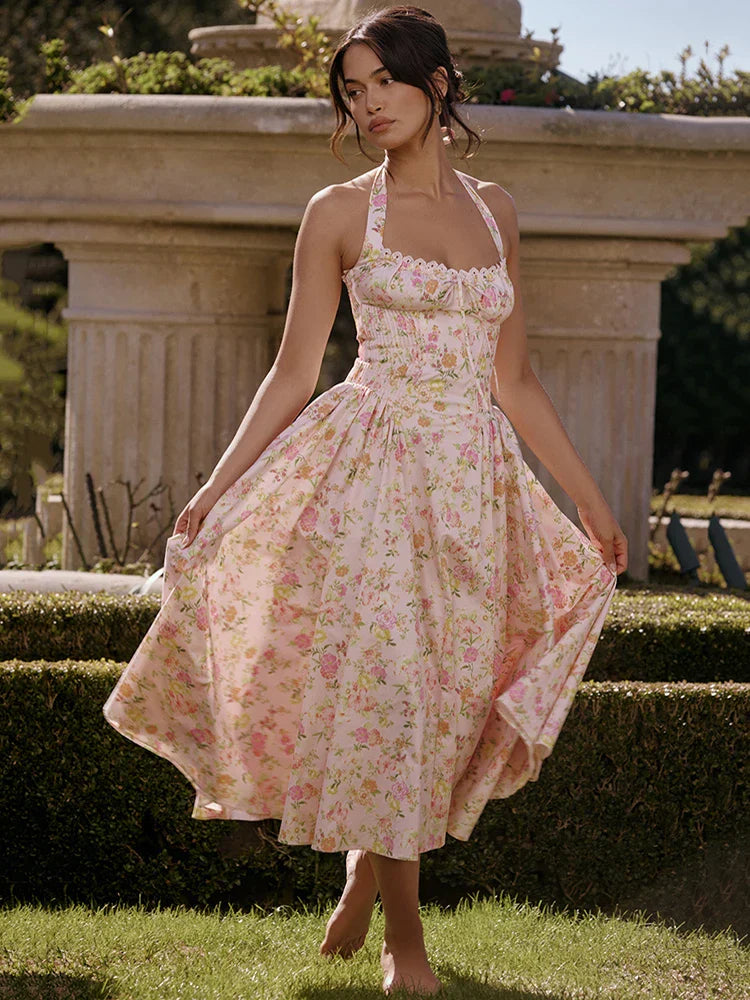 FashionSierra - Vintage Halter Sleeveless Backless A-line Floral Dress
