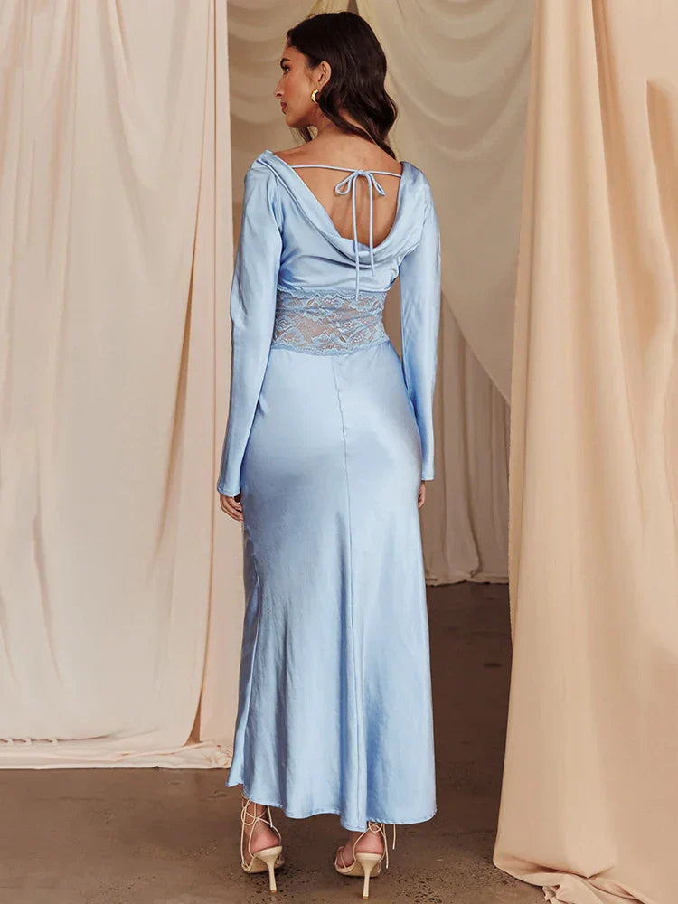 FashionSierra - Fashion Long Sleeve Backless Sheer Lace Patchwork Sexy Lace-up Lace Dress