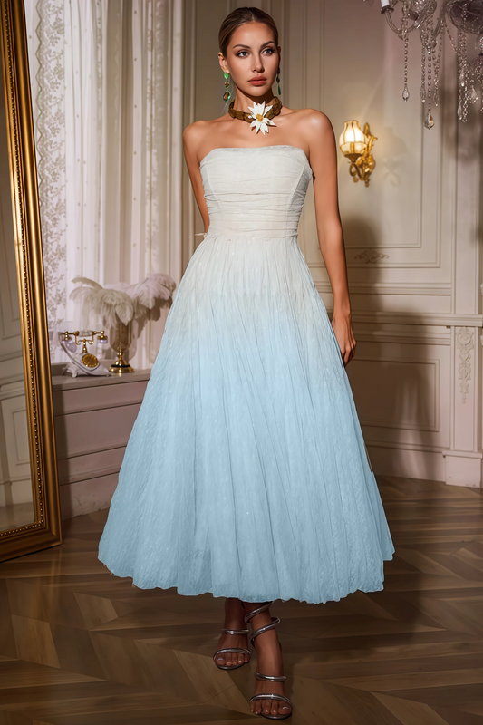 Sorirt Blue Strapless Ruched Mesh Midi Dress