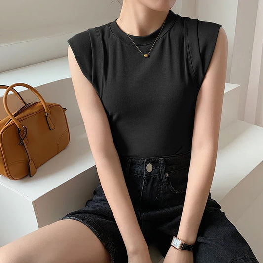 2025 Summer Sleeveless T-shirt Women Round Collar Solid Color Tank Top