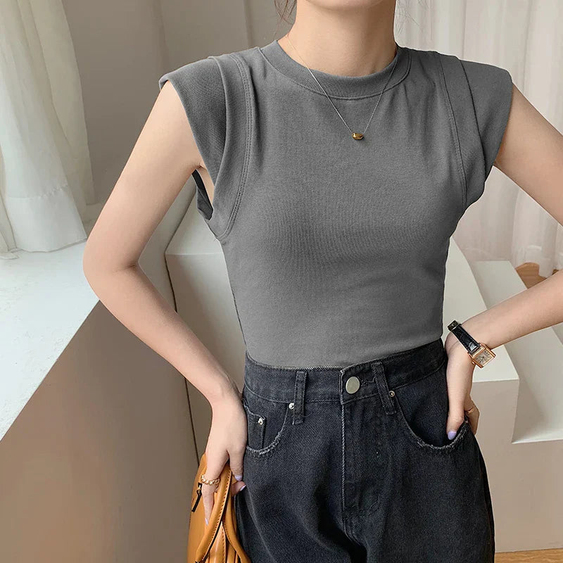 2025 Summer Sleeveless T-shirt Women Round Collar Solid Color Tank Top