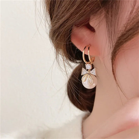 New Contracted Round Pearl Women Sweet Flower Zircon Geometric Girl Party Jewelry Earring