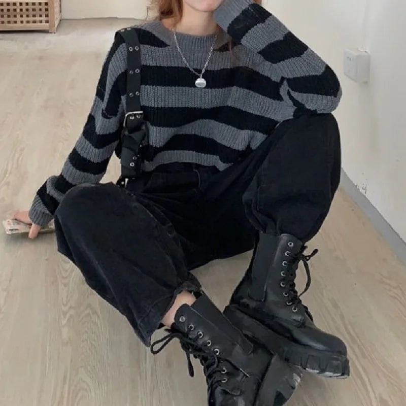 FashionSierra - New Korean Style Cropped Vintage Oversize Knit Jumper Autumn Long Sleeve O-neck Pullover Sweater