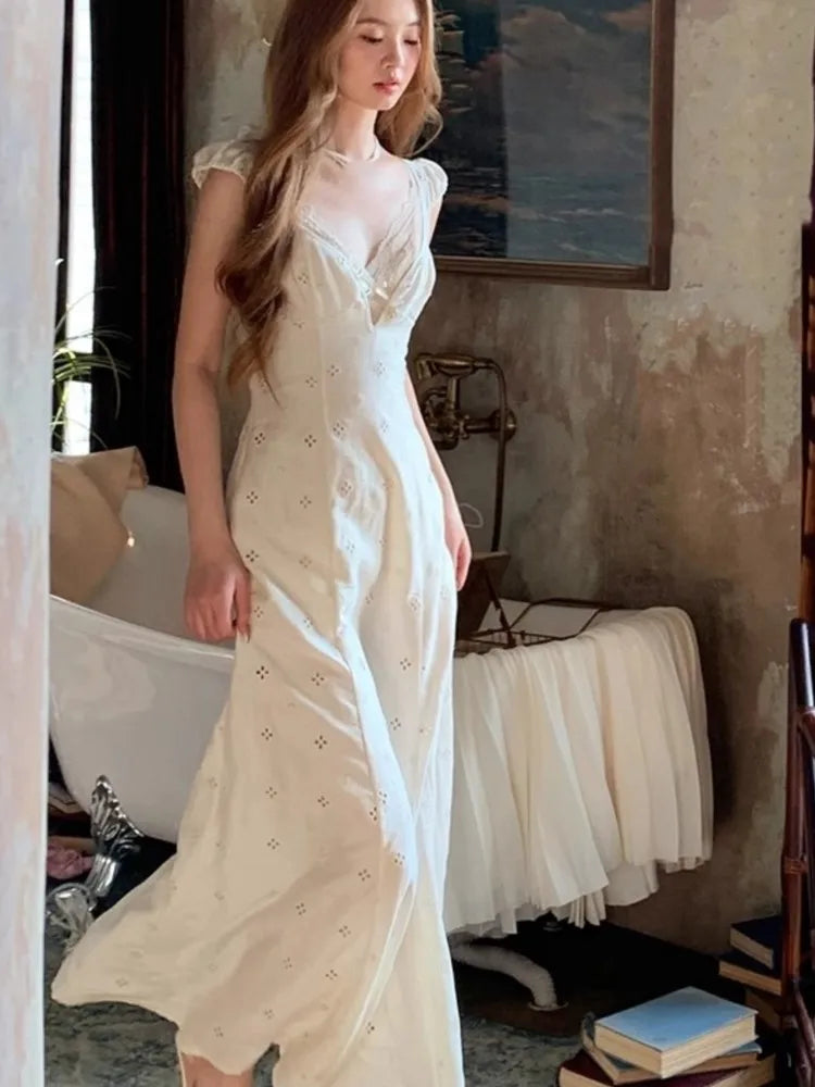 New Summer Hollow Out Midi Dress Women V-neck Vocation French Style White Dress Elegant Casual Korean Fashion Slim Vestidos 2025