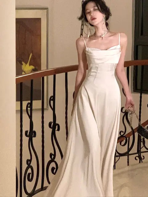New Summer Satin Midi Dress Women Slim Spaghetti Strap Elegant Party Dresses Wedding Evening Birthday Backless Prom Robe Clothes