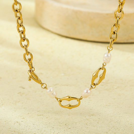 Mixed Metal Pearl Inlaid Collar Necklace