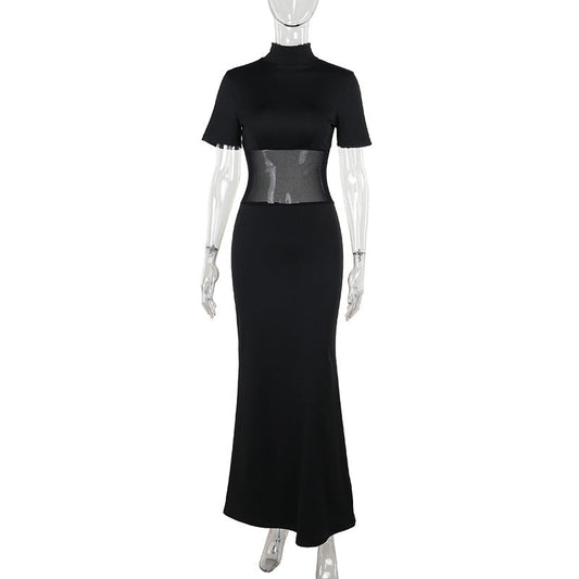 Autumn Socialite Elegant Sexy Mesh Slim Fit Stitching Small Turtleneck Dress Women