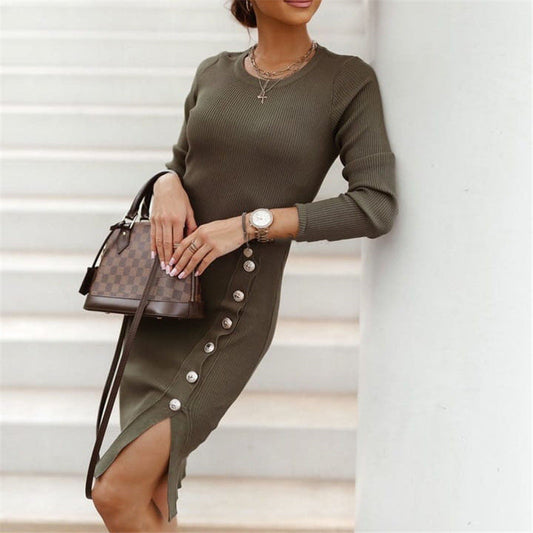 Autumn Winter Women Clothing Split Button Knitted Dress