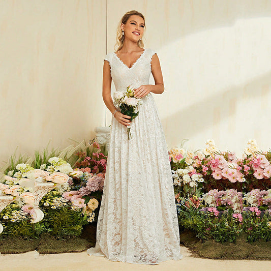 Lace Evening Dress Summer V neck Slim Fit White Dress A line Adult Lady like Woman Dress Women