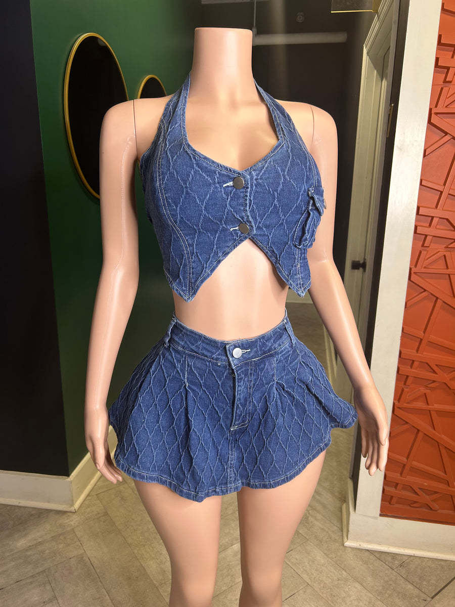 Slim Fit Halter Button Washing Sleeveless Stretch Casual Denim Set