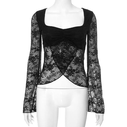 Spring Women Clothing Elegant Slim Lace Smock Top Women Long Sleeve