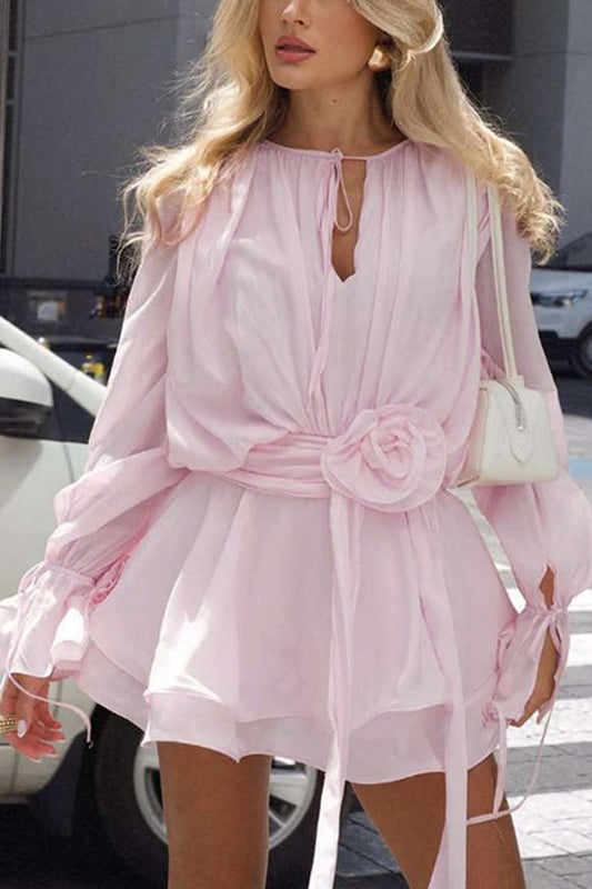 Solid Color Long Sleeve V-Neck Lace-Up Elegant Flower Decorated Mini Dress