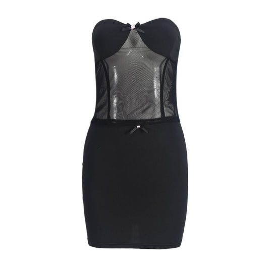 Women Clothing Chest Wrapped Skirt Fashionable See through Sexy Patchwork Two Piece Sets Women