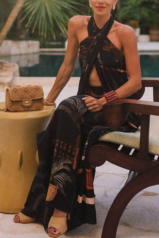 Jungle Elf Unique Print Halter Slit Midi Tank and Elastic Waist Wide Pants Set