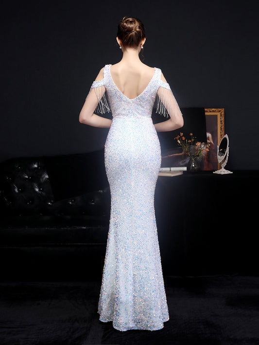 Shiny slim fishtail evening dress