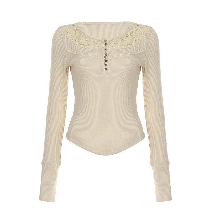 Autumn Winter Women Clothing Internet Lace Stitching Split Breasted round Neck Slim Fit Base Long Sleeve T shirt for Women