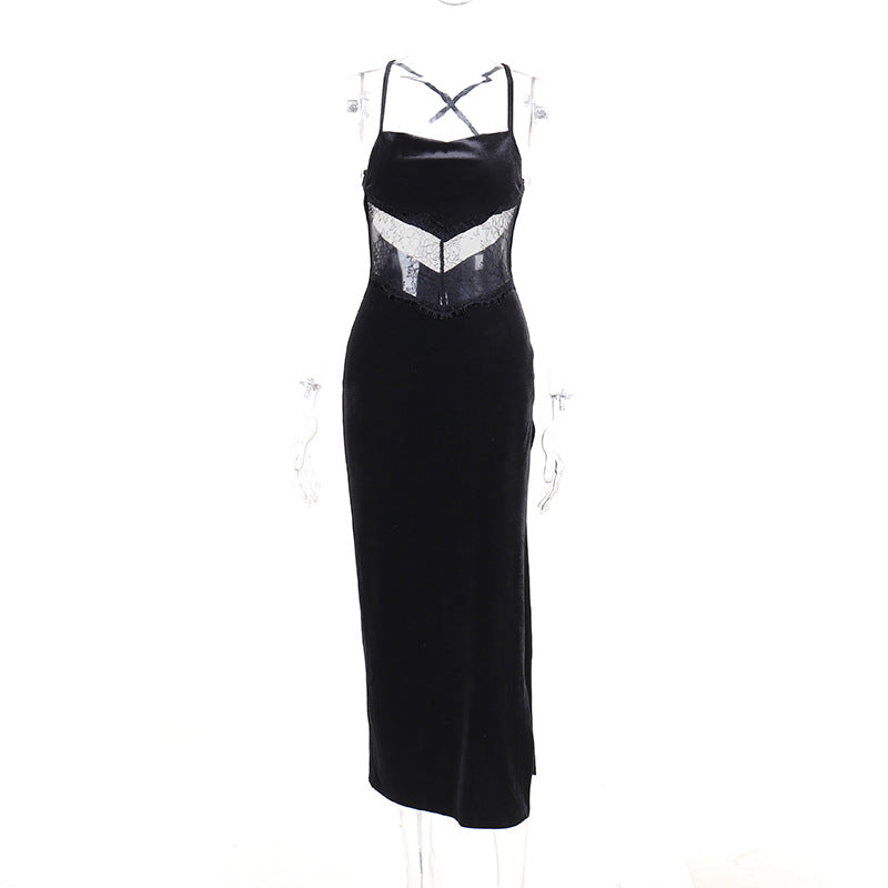 Women Autumn Summer Lace Sexy Backless Patchwork Slit Dress Women