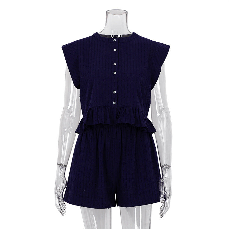 ¡¾MOQ-5 packs¡¿ Summer Jacquard Short Sleeve Sense of Design Shirt Casual Office Shorts Set for Women