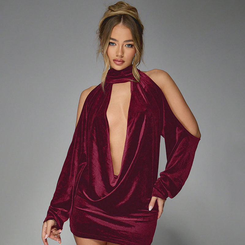 Women Clothing Halter Swing Collar Bare Back Sexy Sexy Velvet Dress