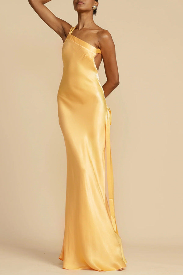 Spring and summer new party oblique shoulder slim dress INS casual elegant party fashion satin dress