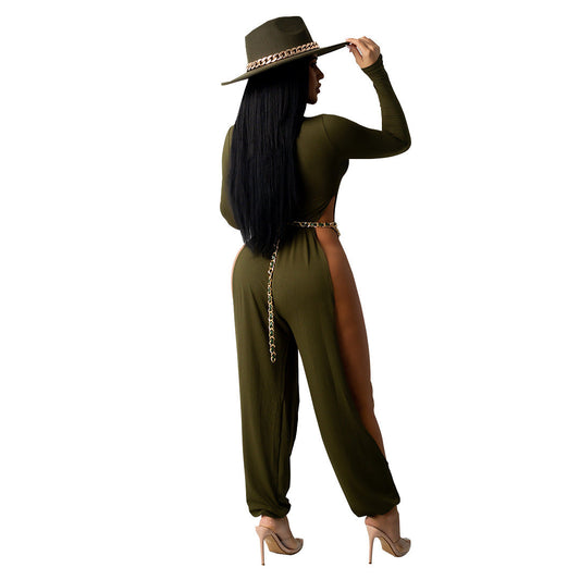 Women Clothing Sexy Open-Leg Jumpsuit Solid Color High-Elastic Artificial Cotton Fabric Jumpsuit for Women