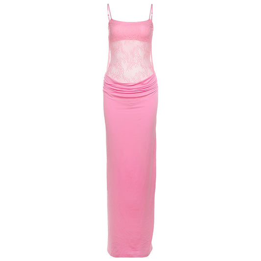 Spring Women Clothing Sexy Lace Stitching See through Backless Sling Dress