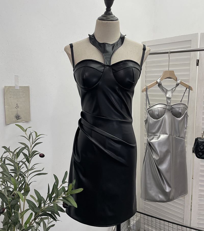 Chest Pad Halter Spaghetti Straps Dress Sexy Slim Fit Ruffle Hip Faux Leather Sexy