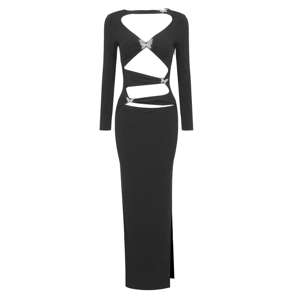 Spring Summer Metal Butterfly Decoration Hollow Out Cutout Dress Dress Women Clothing Sexy Dress