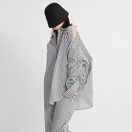 Urban Casual Simple Autumn Irregular Asymmetric Multi Way Shirt Mid Waist Straight Trousers Striped Set