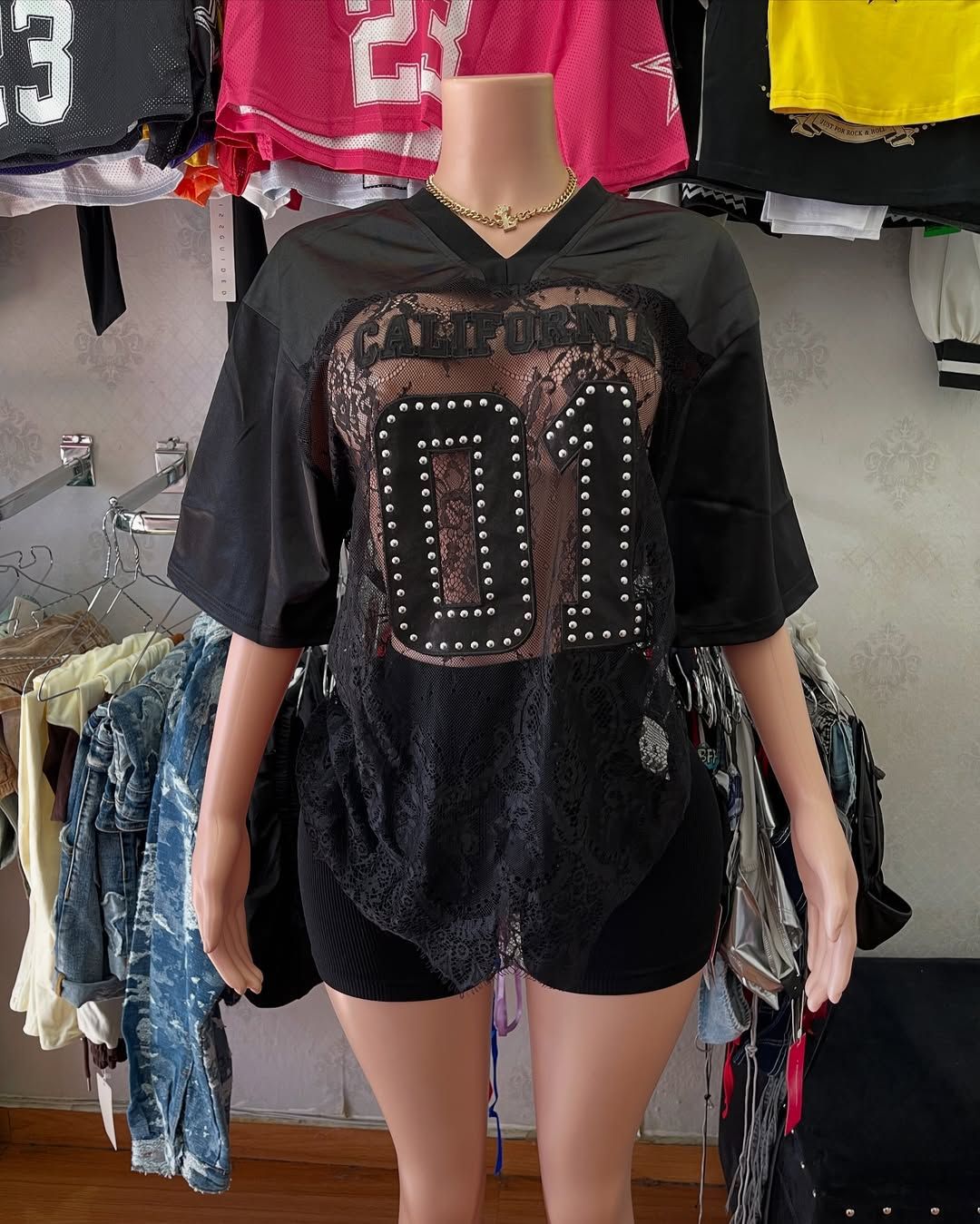 Autumn Printed Loose Casual Street See through Sexy Lace Stitching T shirt Short Sleeve Top