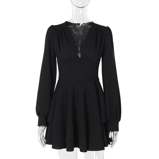 Fall Type Hip Dress Elegant Slim V neck Pleated Dress Women