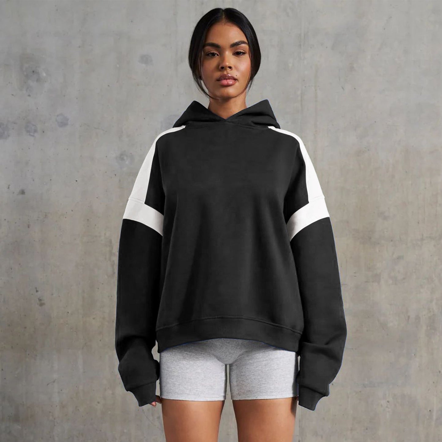 Early Autumn Contrast Color Drop Shoulder High End Women Clothing Varsity Jacket Brand Hoodie Hooded Sweatshirt Outer Women