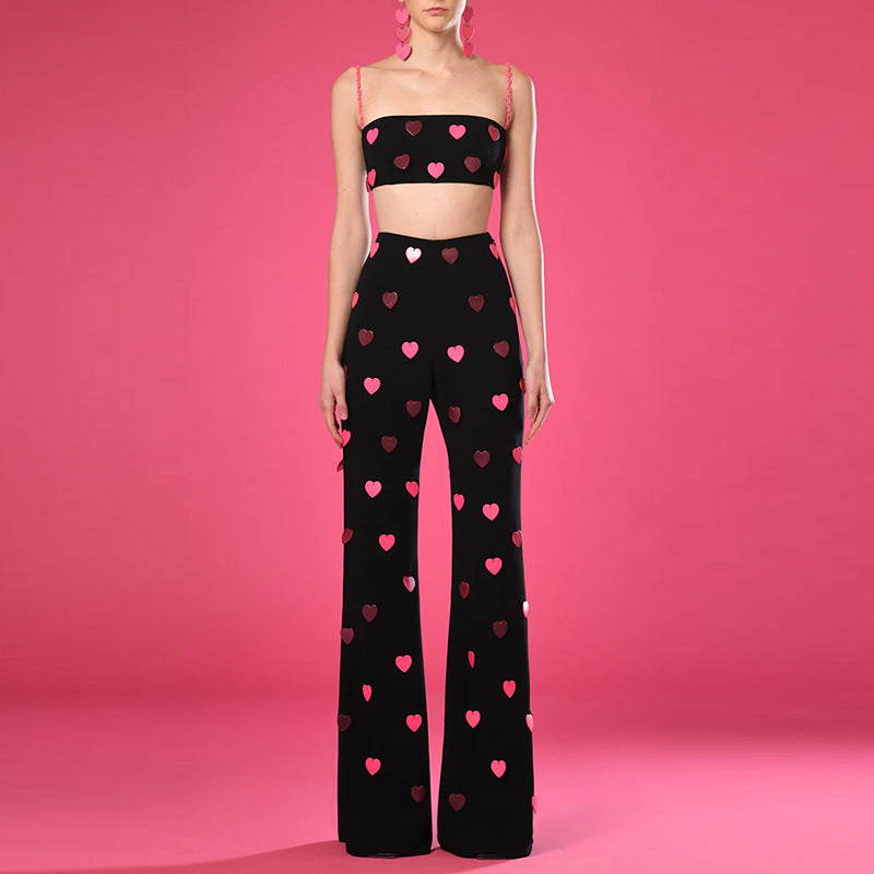 Spring Summer Heart Shaped Sequin Sling Vest Pants Two Piece Set