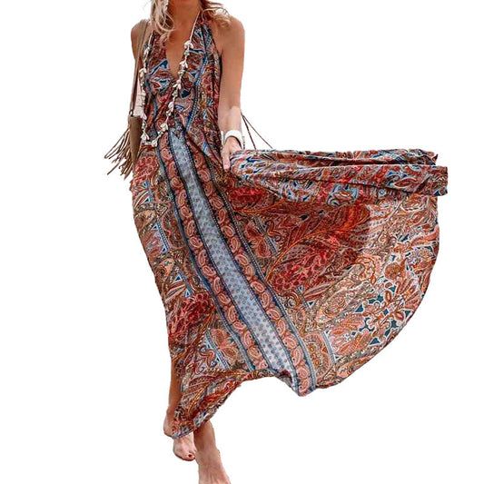 Women Clothing Spring Summer Arrival Printing V-neck Halter Bohemian Maxi Dress