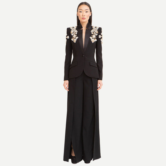 Star Exquisite Rhinestone Beaded Stand Collar Blazer Split Trousers Suit