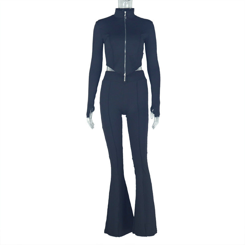 Women Slim Fit Pleated Zipper Solid Color Cropped Blouse Pants Long Sleeve Stand Collar Loose Trousers Two Piece Set
