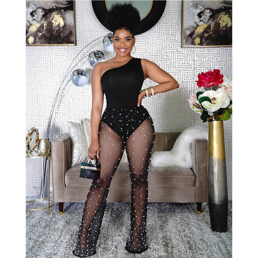 Summer Office Mesh White Dot Printed Vest Jumpsuit Sleeveless Solid Color Milk Silk Black Women Clothing