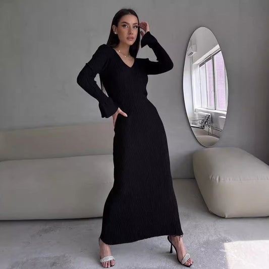 Long Sleeve V neck Tight Knitted Dress Solid Color Rib Fabric Wool Long Autumn Winter Dress