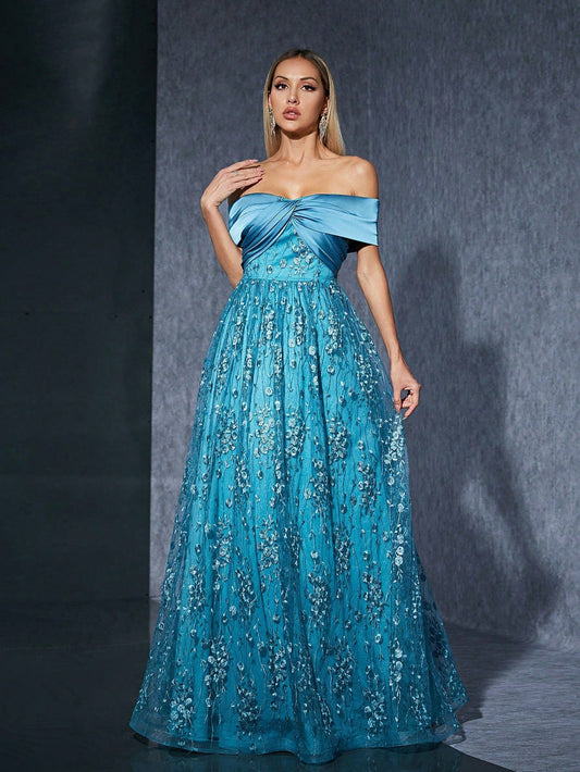 Off Shoulder Bow Dress Embroidery Large Slimming Elegant Evening Dress