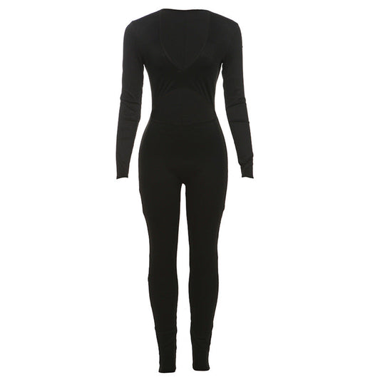 Autumn Winter Sexy Deep V Plunge neck Cropped Tight Long Sleeve Solid Color Sports Jumpsuit Women