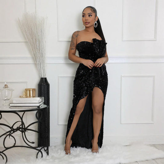 Sequined Evening Dress Sexy Tube Top Irregular Asymmetric Dress Trailing Dress Women