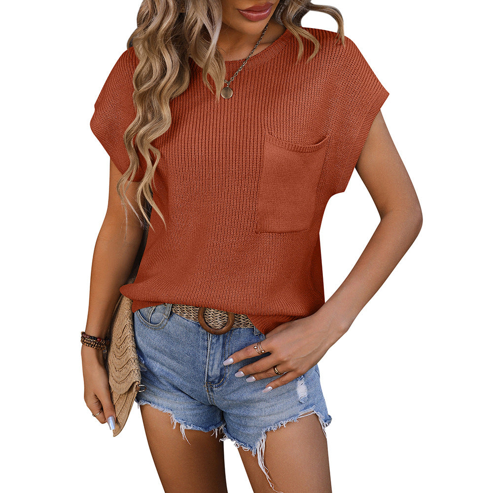 Women Clothing Women round Neck Pocket Decorative Top Sweater with Short Sleeves