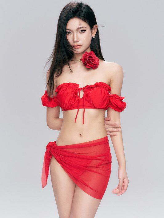 Red Off-Shoulder Ruffle Bikini Set with Sheer Sarong