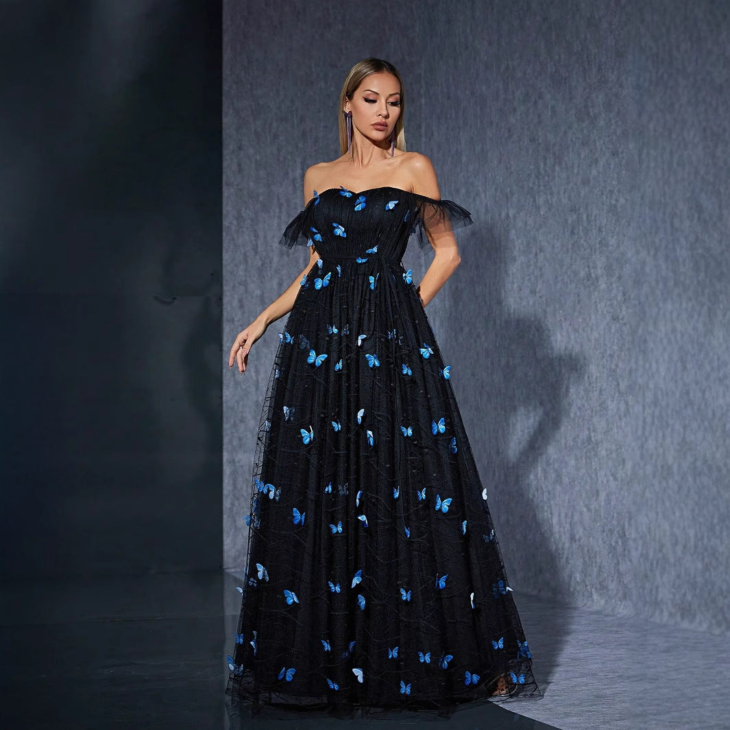 Black off Shoulder Dress Butterfly Embroidered Mesh Niche Cocktail Party Evening Dress